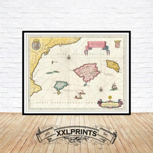 Ancient map of Balearic Islands, Majorca, Minorca, Ibiza, 1640, extremely rare, fine reproduction, fine art print, oversize map print