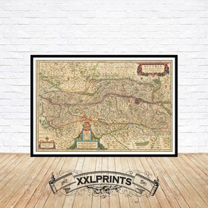 May include: An antique map of Austria, printed in black, brown, green, red, and blue ink on a cream-colored background. The map shows the borders of Austria, as well as the major cities and towns. The title of the map is "Austriae Archiducatus" and the date is 1660.