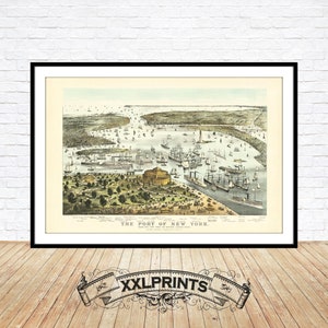 New York Hafen aus der Vogelperspektive, 1878, feine Reproduktion, große Karte, Fine Art Druck, Überformatkarte