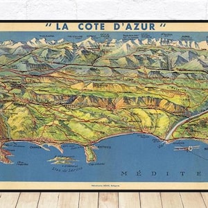 Antiga vista em perspectiva da Riviera Francesa, La Cote D'azur, 1930, reprodução fina, mapa grande, impressão de belas artes, impressão de mapa em tamanho grande