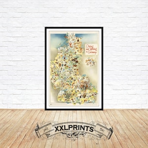 Mapa ilustrado antiguo de restaurantes y bares en Alemania, 1950, reproducción fina, mapa grande, impresión de bellas artes, impresión de mapa de gran tamaño