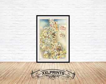 Old pictorial map of dining and wining in Germany, 1950, fine reproduction, large map, fine art print, oversize map print