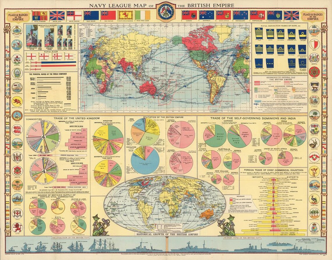 Oude kaart van het Britse Rijk Navy League 1922 uiterst - Etsy België