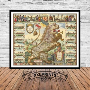 Carte ancienne du lion rampant, Pays-Bas, 1684, carte très rare, belle reproduction, grande carte, impression d'art, décor antique, impression de carte surdimensionnée