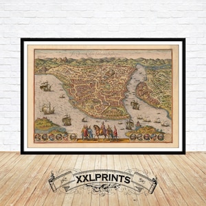 Antike Landkarte von Byzanz, Konstantinopel und Istanbul, 1572, Vogelschau, feine Reproduktion, große Landkarte, Fine Art Druck, Übergröße Karte