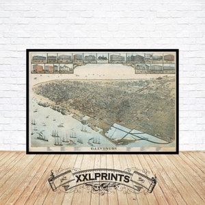 Galveston, Texas aus der alten Vogelperspektive, 1855, feine Reproduktion, große Karte, Fine Art Druck, Überformat-Karte Print