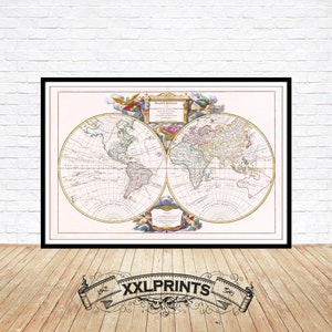 May include: A vintage world map print in a black frame. The map is divided into two hemispheres, showing the continents of North America, South America, Europe, Asia, Africa, and Australia. The map is decorated with ornate details, including a compass rose, a scale bar, and a title cartouche.