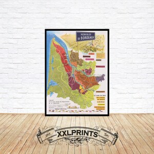 Ancienne carte des vignobles de Bordeaux, 1969, belle reproduction, grande carte, impression d'art, impression de carte surdimensionnée