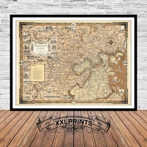 Boston Massachusetts Map Art Print: 1938 Pictorial Fine Art Reproduction