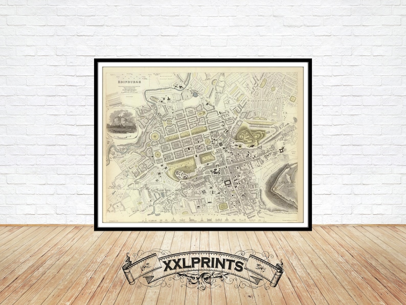 May include: A vintage black and white map of Edinburgh, Scotland. The map shows the city's streets, buildings, and landmarks. The title "EDINBURGH" is printed at the top of the map.