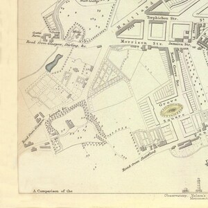 May include: A black and white map of a city with streets and buildings labeled. The map includes the text "A Comparison of the" and "Observatory, Nelson's Monument".