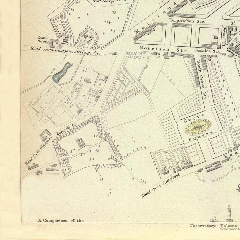 May include: A black and white map of a city with streets and buildings labeled. The map includes the text "A Comparison of the" and "Observatory, Nelson's Monument".