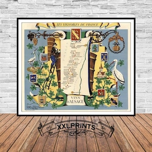Weinkarte des Elsass, 1954, Karte mit Weinbergen von Frankreich, Feine Reproduktion, große Karte, Kunstdruck, antike Dekoration, Kunstdruck
