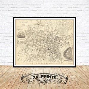 Ancienne carte d'Édimbourg, 1834, plan de la ville, belle reproduction, grande carte, impression d'art, décor antique, impression de carte surdimensionnée