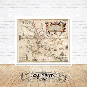 Peut inclure: Une carte antique de la mer de Java, imprimée sur du papier vieilli avec une bordure décorative. La carte montre les îles de Java, Bornéo et Célèbes, avec des navires et des routes maritimes indiqués. Le titre "IAVA INSULA" est imprimé en bas de la carte.