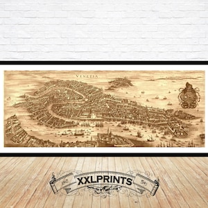 Antike Karte von Venedig um 1650, sepiafarben, Vogelschau, feine Reproduktion, vintage Dekor, Panorama über Venedig, Fine Art Print, groß