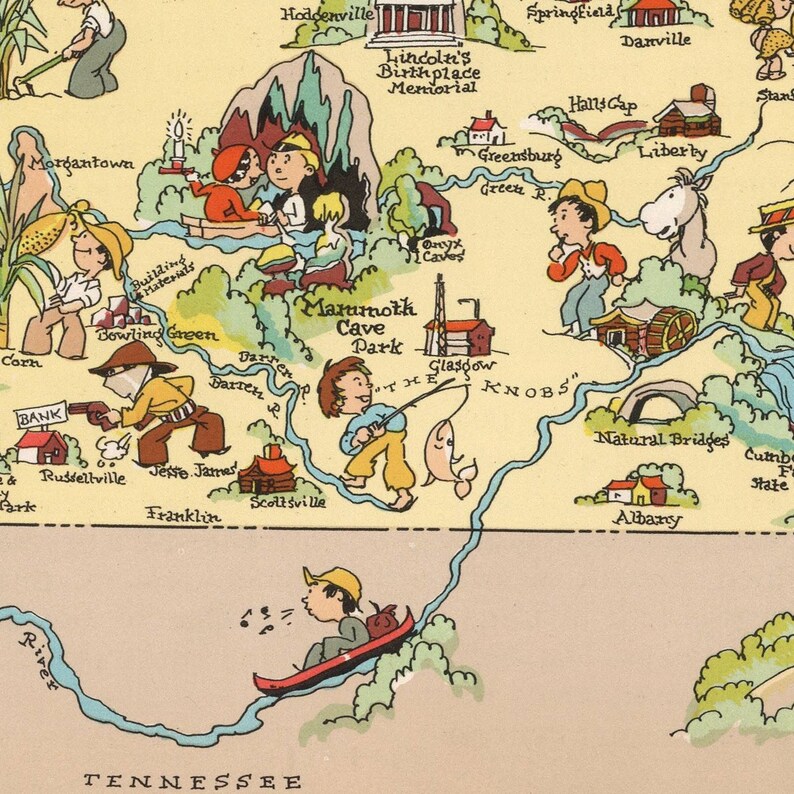 1935 Cartoon Map of Kentucky Pictorial Map Fine - Etsy