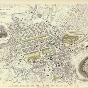May include: A detailed black and white map of Edinburgh, Scotland, with a smaller inset map of Edinburgh Castle in the upper left corner. The map shows the city's streets, parks, and other features.