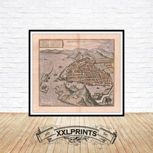 Alte Perspektive von Marseille, 1575, sehr seltene, antike, feine Reproduktion, große Landkarte, Fine Art Druck, Übergröße Landkarte, Kunstdruck