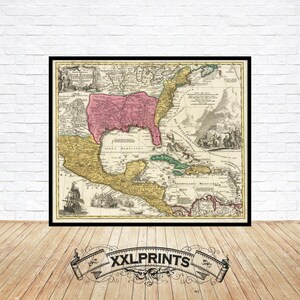 Oude kaart van Mexicaans, Nieuw-Spanje, Florida, 1720, antieke kaart, zeldzaam, fijne reproductie, grote kaart, fine-artprint, antiek decor, extra grote kaartafdruk
