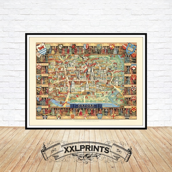 Old pictorial map of Oxford, 1948, antique map, fine reproduction, large map, fine art print, oversize map print