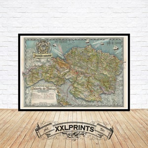 Ancienne carte de la province de Gascogne, Pays basque, 1946, belle reproduction, grande carte, impression d'art, impression de carte surdimensionnée