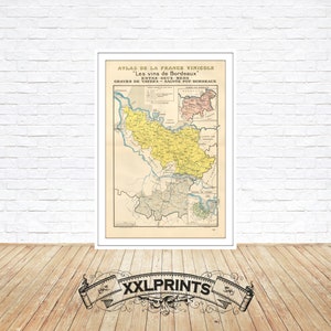 Antigo mapa de vinhos de Bordeaux, vinhedos de Graves de Vayres, 1941, reprodução fina, mapa grande, impressão de belas artes, impressão de mapa em tamanho grande