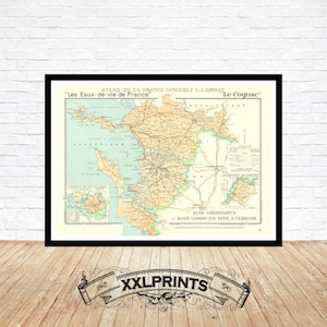 Mapa antiguo de vinos de la región de Cognac, Les Eaux-de-vie de France, 1947, reproducción fina, mapa grande, impresión de bellas artes, impresión de mapa de gran tamaño