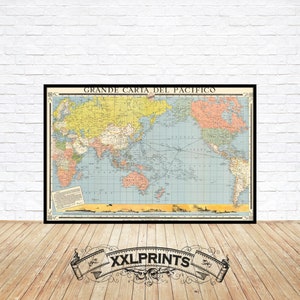Old map of Pacific, 1941, Grande Carta Del Pacifico, italian language, fine reproduction, large map, fine art print, oversize map print
