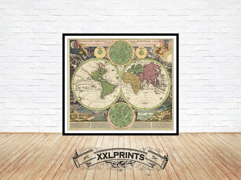 Framed map sitting on wooden floor, presentation only