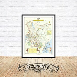 Alte Touristenkarte von Kenia, 1968, feine Reproduktion, große Landkarte, Fine Art Druck, Oversize Map Print