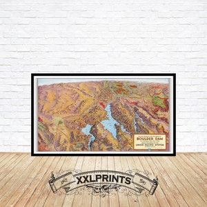 Alte bildliche Karte von Boulder Dam, Las Vegas, Nevada, Utah, 1936, feine Reproduktion, große Karte, Fine Art Druck, Übergröße, Karte