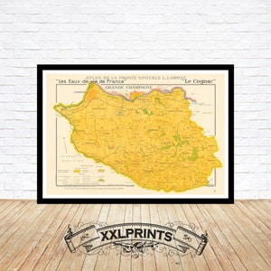 Mapa antiguo de vinos de Cognac, Grand Champagne, Charente, Eaux De Vie, 1947, reproducción fina, mapa grande, impresión de bellas artes, impresión de mapa de gran tamaño