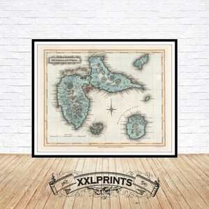 Ancienne carte de l'île de Guadeloupe, 1823, carte ancienne, belle reproduction, grande carte, impression d'art, impression de carte surdimensionnée