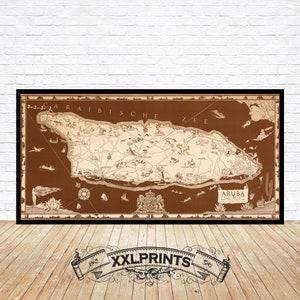 Oude vintage kaart van Aruba, Nederland, West-Indië, 1946, geïllustreerde kaart, fijne reproductie, grote kaart, fine-artprint, extra grote kaartafdruk