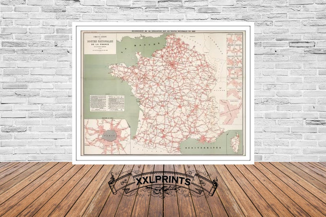 アンティークフランス地図プリント：1890年の国道、特大装飾