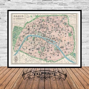 Oude kaart van Parijs, 1925, zeldzame kaart, monumentenkaart, bezoekerskaart, fijne reproductie, grote kaart, fine-artprint, antiek decor, extra grote kaartafdruk