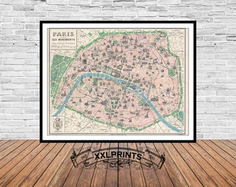 Old map of Paris, 1925, rare map, monuments map, visitor map,fine reproduction, large map, fine art print, antique decor, oversize map print