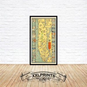 Mapa ilustrado antiguo de Manhattan, 1933, raro, antiguo, reproducción fina, mapa grande, impresión de bellas artes, decoración antigua, impresión de mapa de gran tamaño