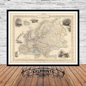 Oude kaart van Europa, 1851, antieke kaart, fijne reproductie, grote kaart, fine-artprint, antiek decor, extra grote kaartafdruk