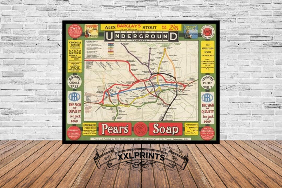 1908年ロンドン地下鉄路線図アートプリント：ヴィンテージ鉄道装飾