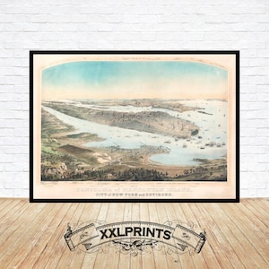 Alte Panorama-Ansicht von Manhattan, New York City, 1864, feine Reproduktion, große Karte, Fine Art Print, Übergröße Karte Print