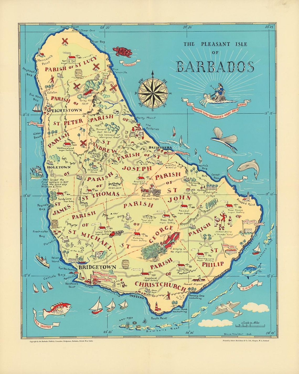 Old Map Of Barbados 1946 Pictorial Map Fine Reproduction Etsy