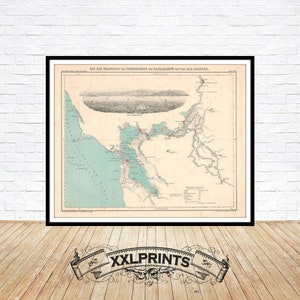 Antike Karte von Francisco Bay, Kalifornien, 1854, seltene Karte, Feine Reproduktion, große Karte, Fine Art Print, Kunstdruck