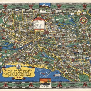 Peut inclure: Une carte vintage de Melbourne, Australie, datant de 1934, avec une illustration détaillée des rues, bâtiments et monuments. La carte présente des bordures décoratives et le texte : "We show you Melbourne City, but from a dizzy height."