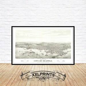 Alte Vogelperspektive auf Spaceattle, Puget Sound, 1878, antik, feine Reproduktion, große Karte, Fine Art Druck, Übergröße Landkarte Print