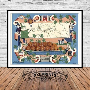 Carte des vignobles du Val de Loire, 1954, carte des vignobles de France, belle reproduction, grande carte, impression d'art, décor antique, impression de carte surdimensionnée