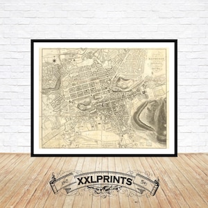 Impression de carte ancienne d'Édimbourg et de ses environs, 1824, plan de la ville, belle reproduction, grande carte, impression d'art, impression de carte surdimensionnée