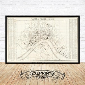 Plan de la vieille ville de Bordeaux, 1874, belle reproduction, grande carte, impression d'art, impression de carte surdimensionnée