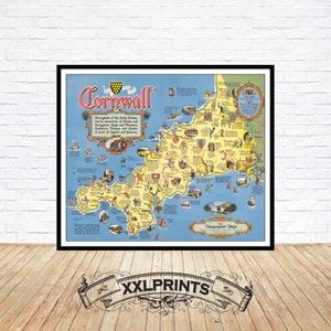 Mapa pictórico antiguo de Cornualles, 1955, reproducción fina, mapa grande, impresión de bellas artes, impresión de mapa de gran tamaño